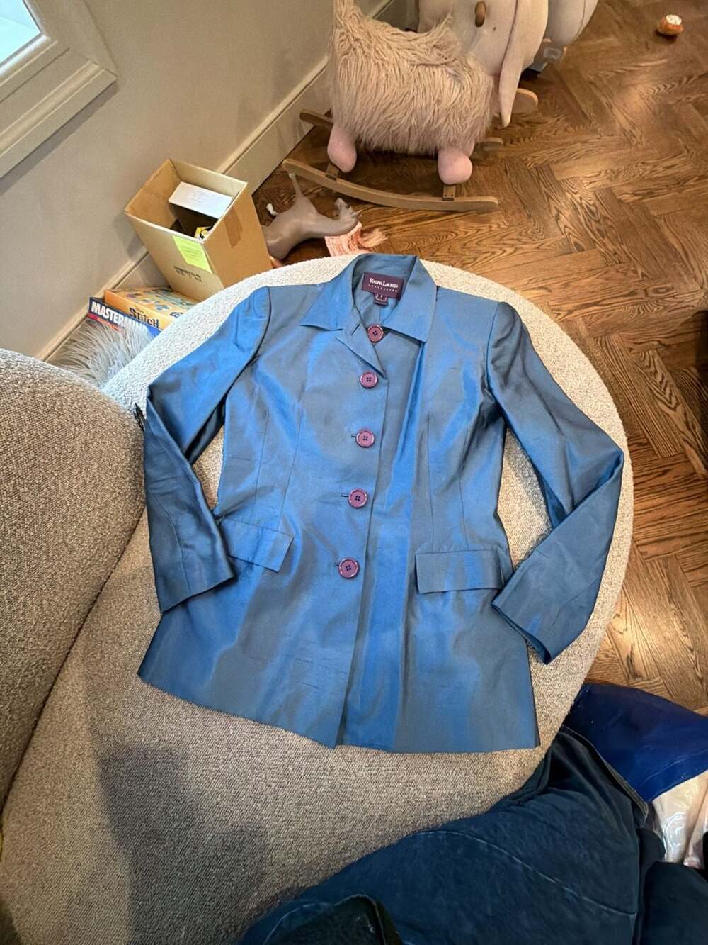 Ralph Lauren Collection Blue Silk Button-Front Blazer Jacket Size 8 VINTAGE
